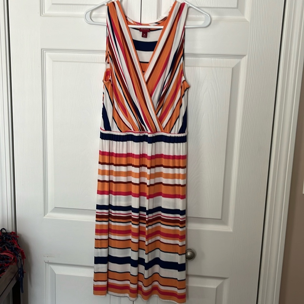 Striped dress. Elastic waist. Orange and blue.